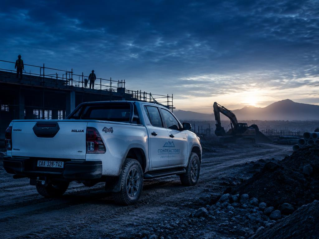 Contractor bakkie on a construction site at dawn