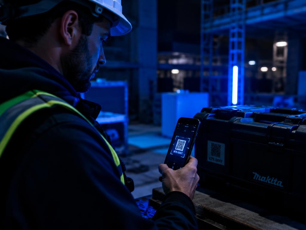 Electrician scanning a QR label on a tool case with a phone