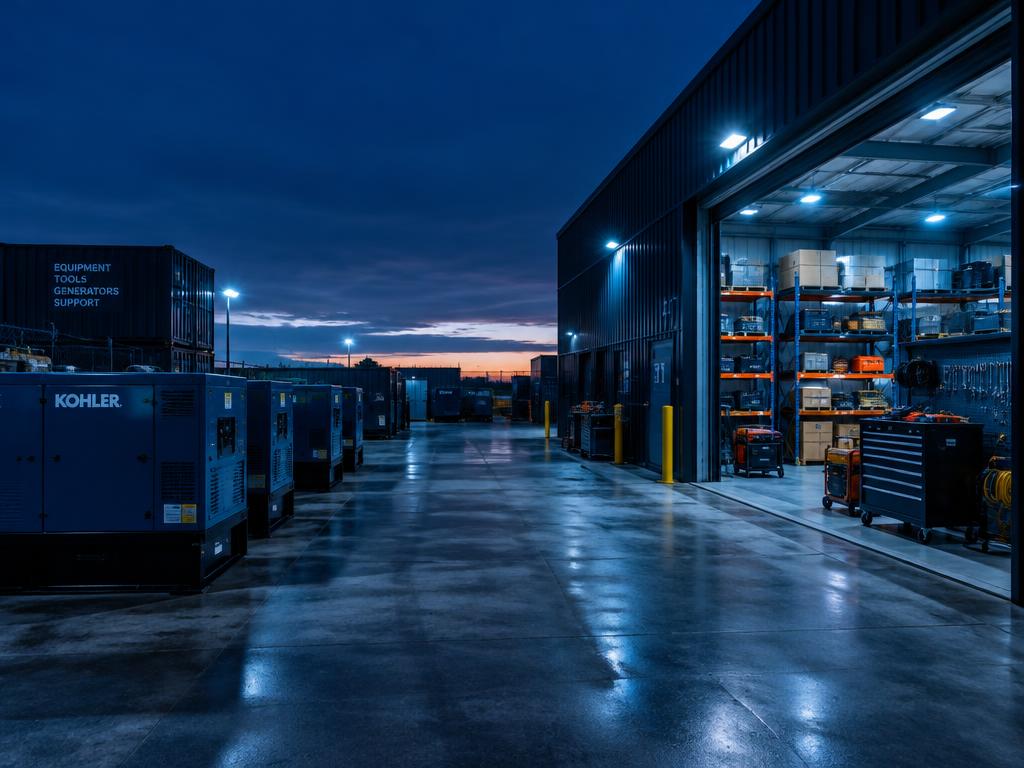 Equipment yard with generators and a tool warehouse